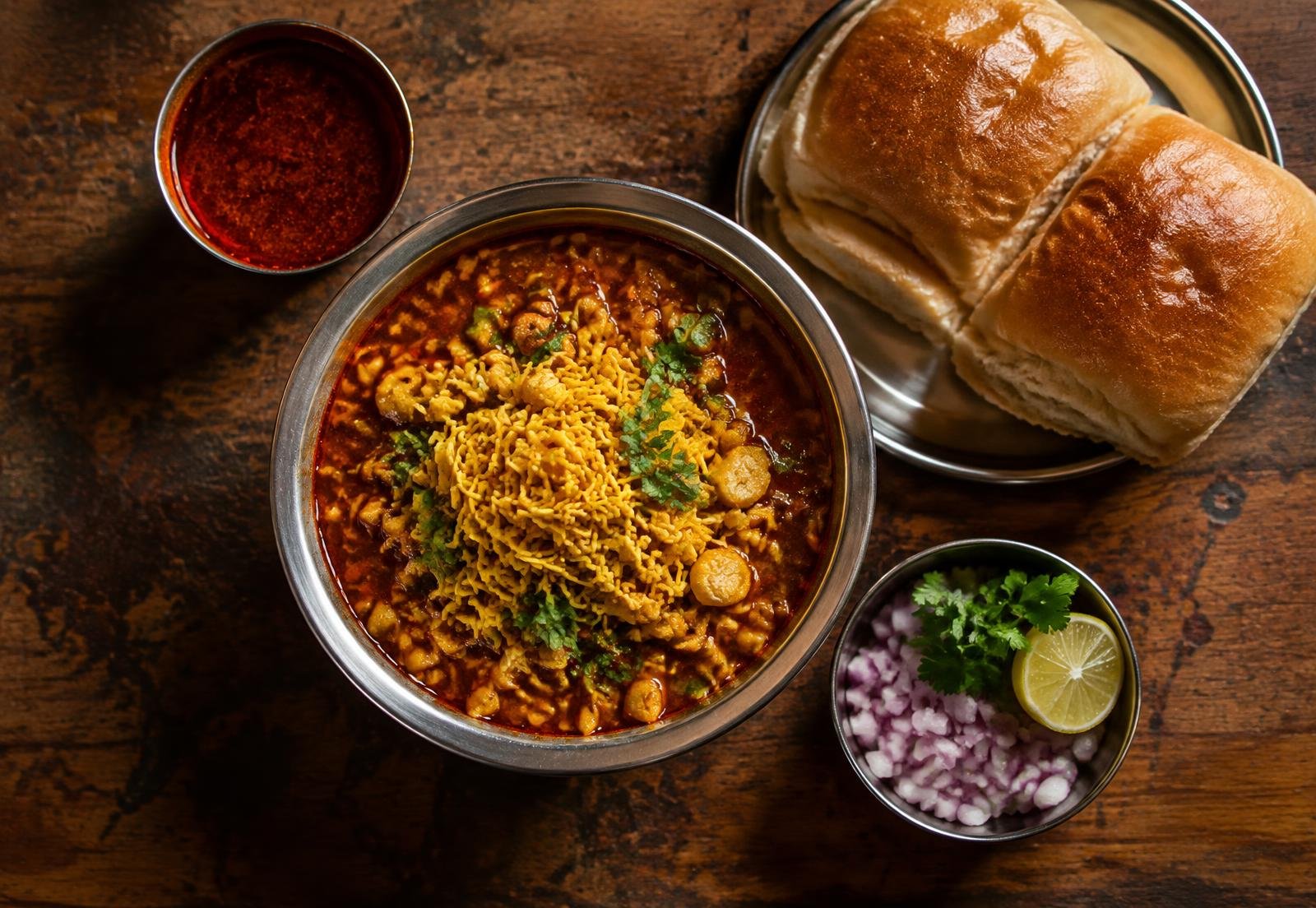 A bowl of Puneri misal with pav